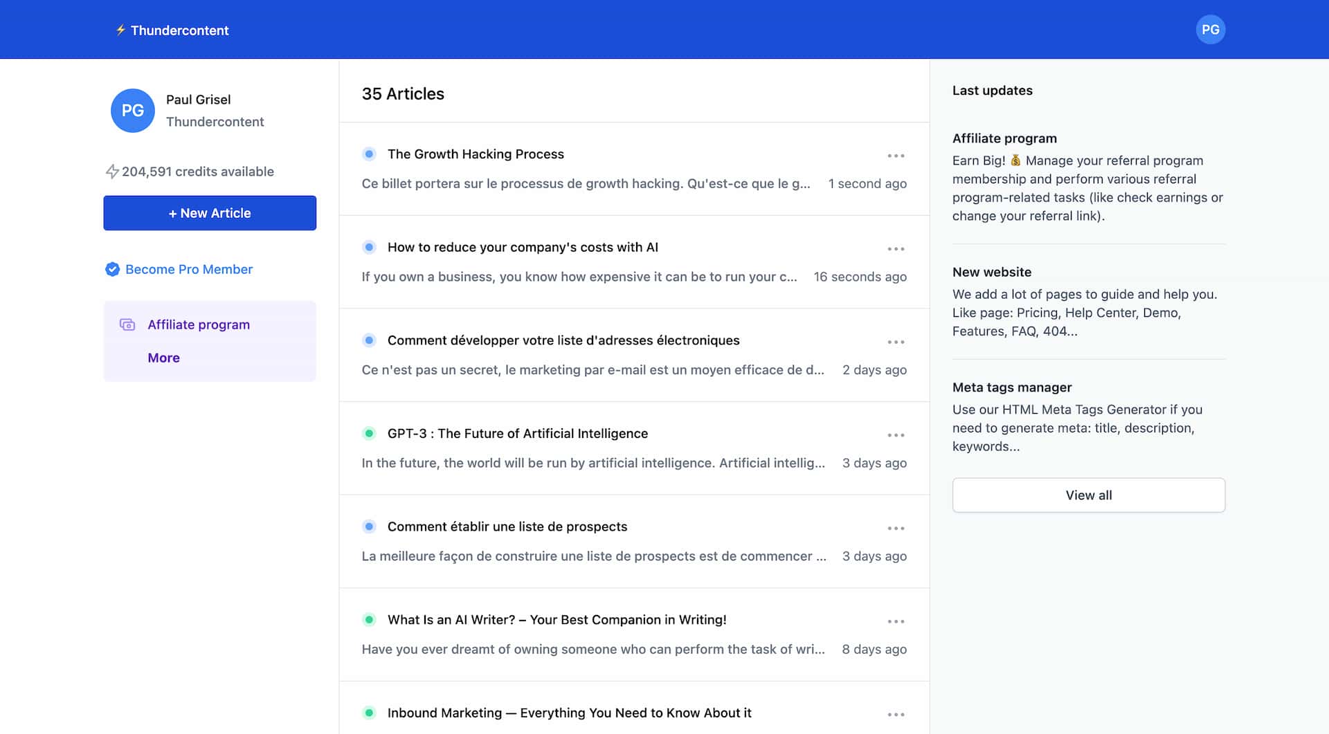 Get a demonstration of Thundercontent, a tool to write article on any topics with an AI-assistant